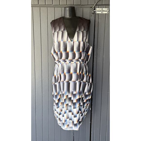 Suboo Size 8 Black Yellow Blue 3D Computer Art Tech Print Cut-Out Mini Dress - Picture 1 of 12